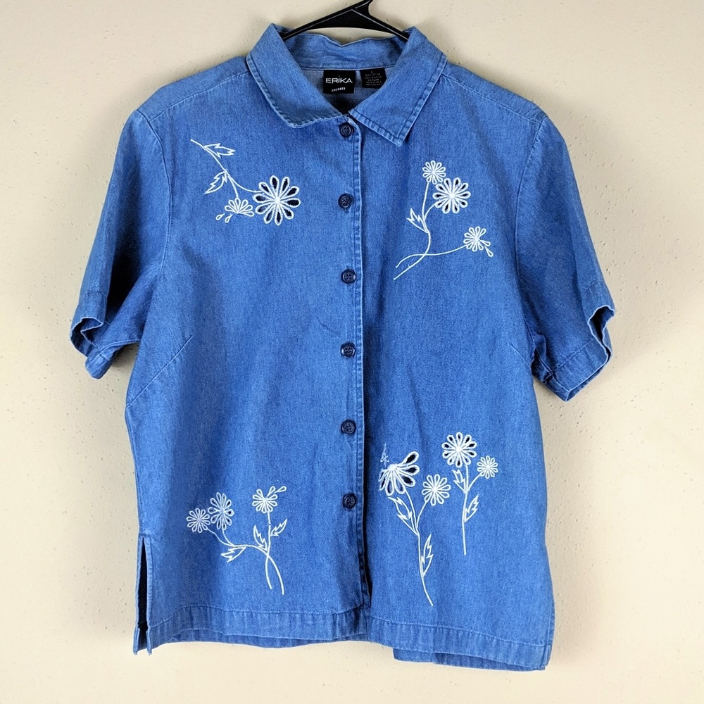 Erika Embroidered Eyelet Button Down Denim Shirt L